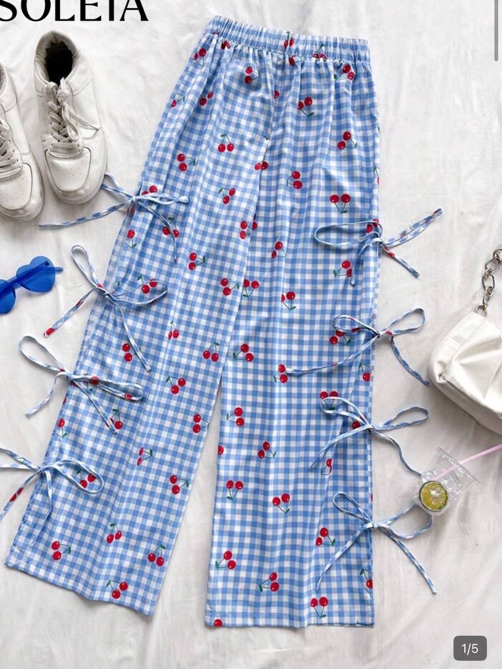 SHEIN Blue Gingham Wide Leg Pants with Cherry Print